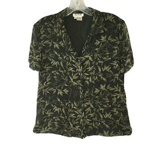 Allison Taylor Silk Blouse Short Sleeve Button Green Floral Women's Sz Medium